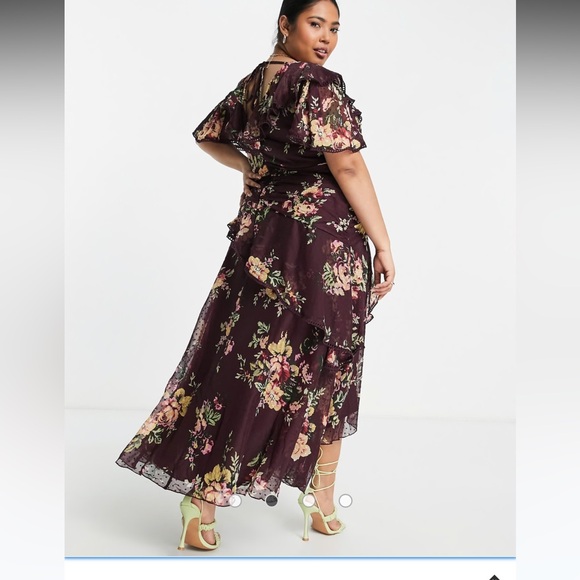 Like new! ASOS Curve draped midi dress, chiffon, maroon w/floral design, Size 14 - Picture 2 of 7